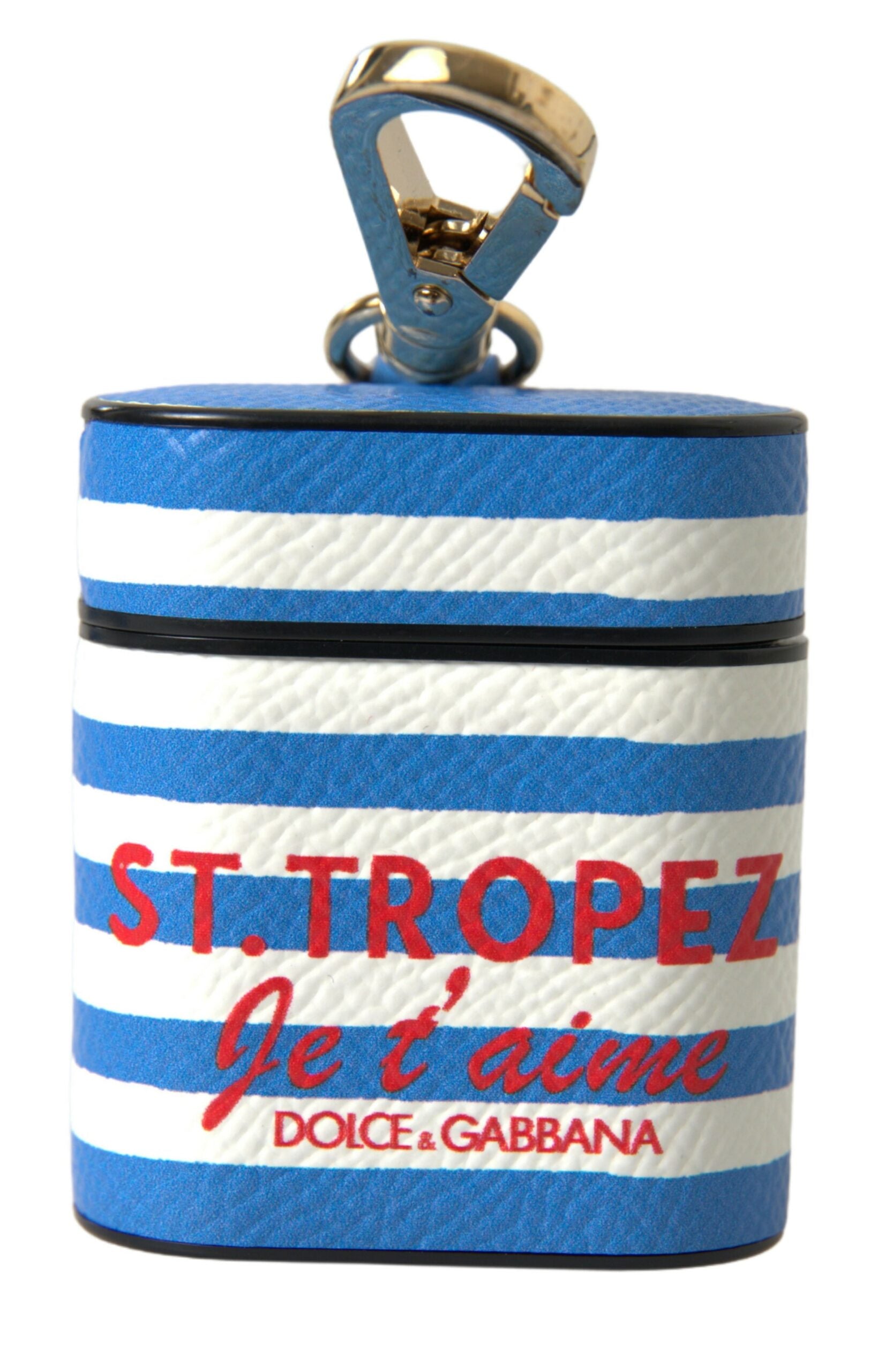 Dolce & Gabbana Blue Stripe Dauphine Leather Logo Print Airpod Case | Regal Royce