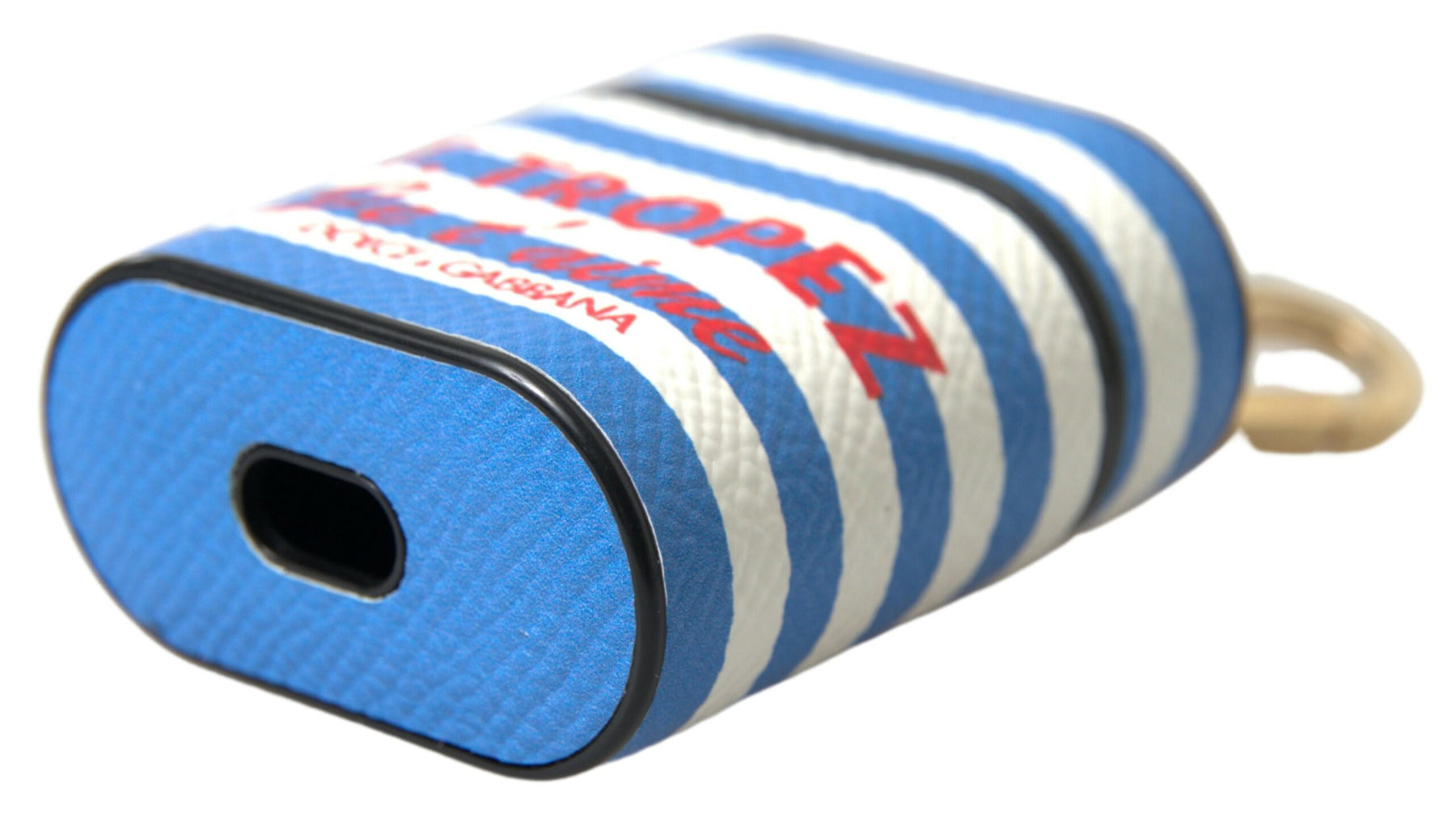 Dolce & Gabbana Blue Stripe Dauphine Leather Logo Print Airpod Case | Regal Royce