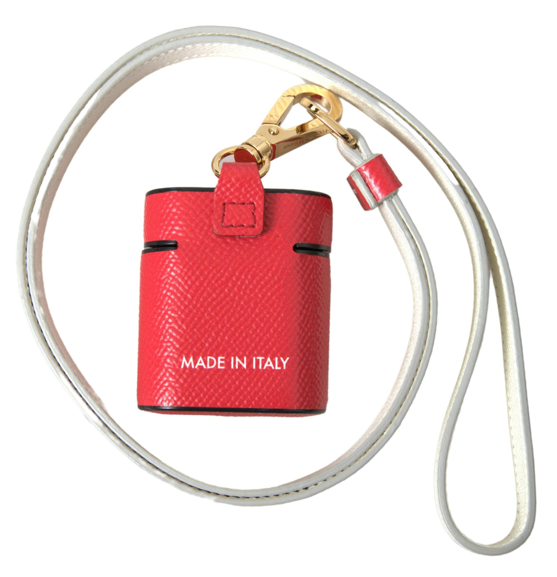 Dolce & Gabbana Red Leather Gold Tone Metal Logo Print Strap Airpods Case | Regal Royce