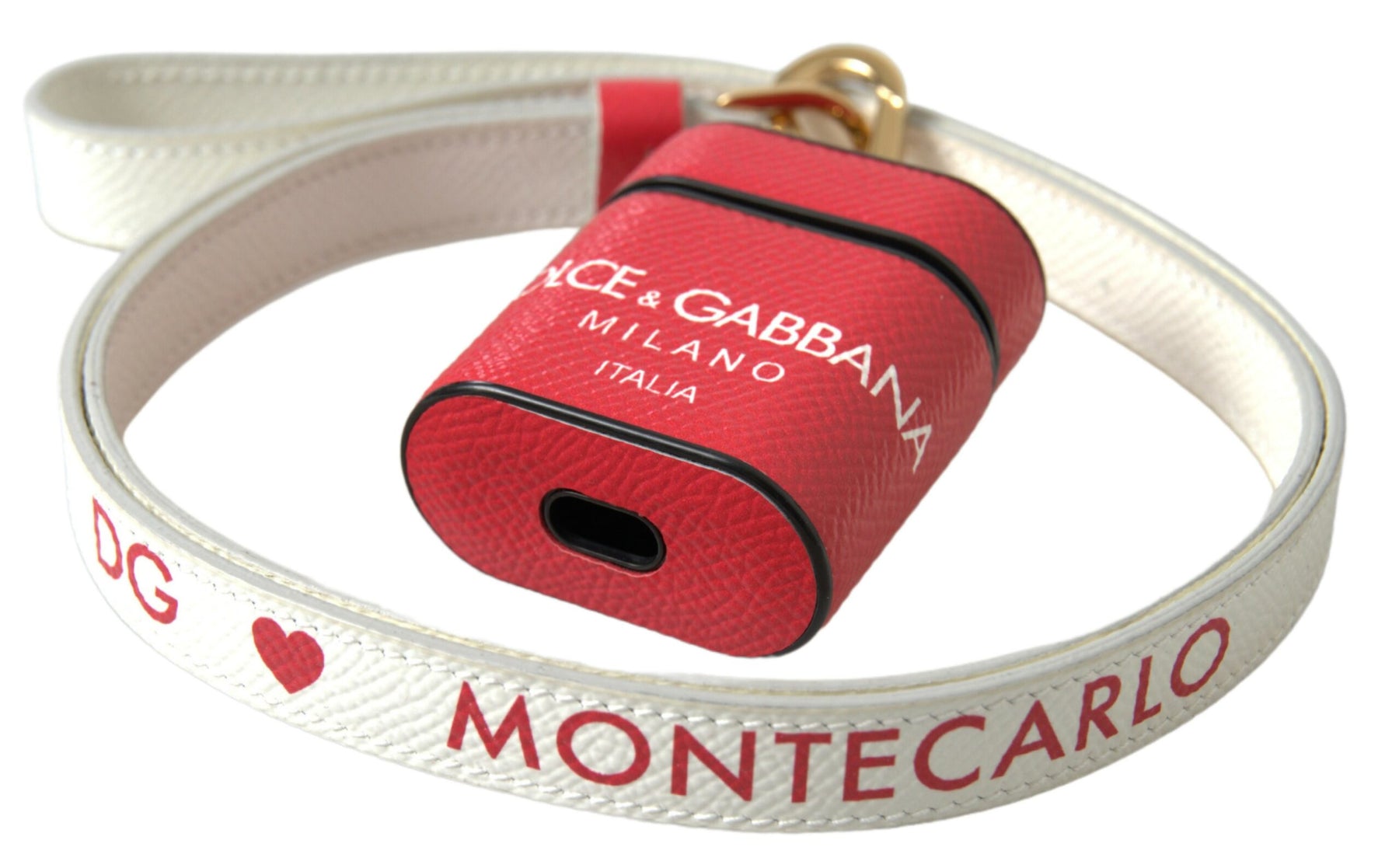 Dolce & Gabbana Red Leather Gold Tone Metal Logo Print Strap Airpods Case | Regal Royce