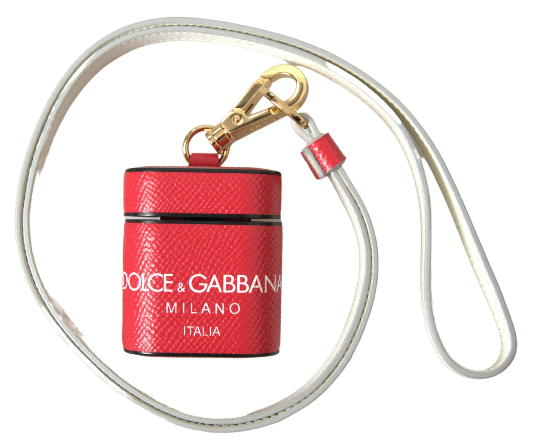 Dolce & Gabbana Red Leather Gold Tone Metal Logo Print Strap Airpods Case | Regal Royce