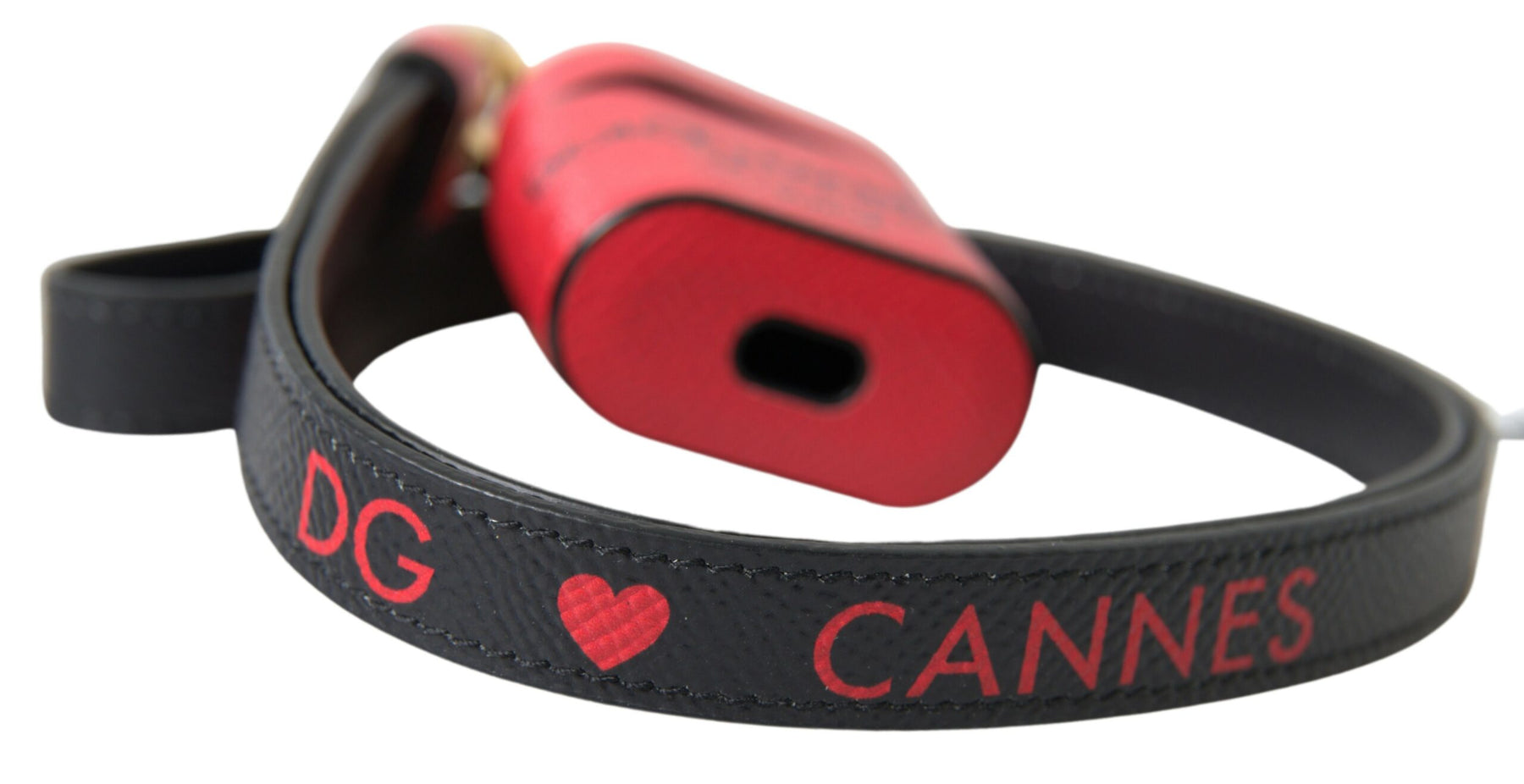 Dolce & Gabbana Red Black Calf Leather Logo Print Strap Airpods Case | Regal Royce