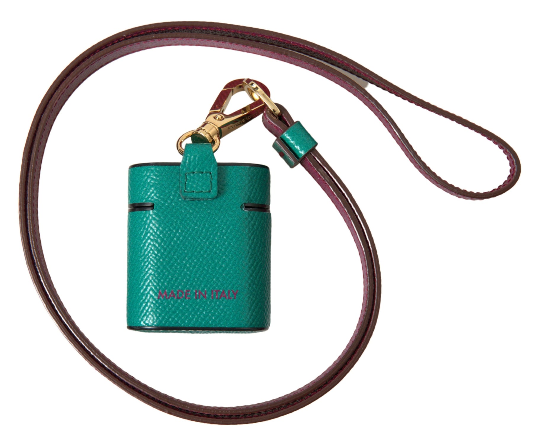 Dolce & Gabbana Green Maroon Calf Leather Logo Print Strap Airpods Case | Regal Royce