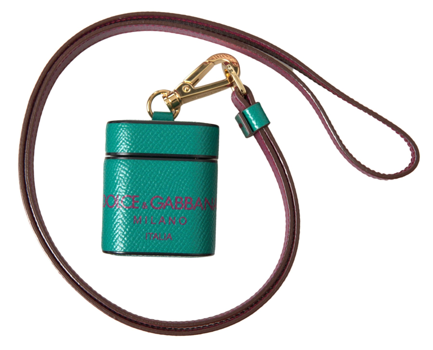Dolce & Gabbana Green Maroon Calf Leather Logo Print Strap Airpods Case | Regal Royce