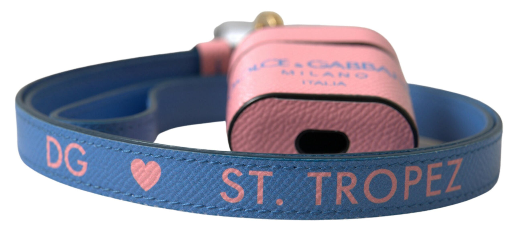 Dolce & Gabbana Pink Blue Calf Leather Logo Print Strap Airpods Case | Regal Royce