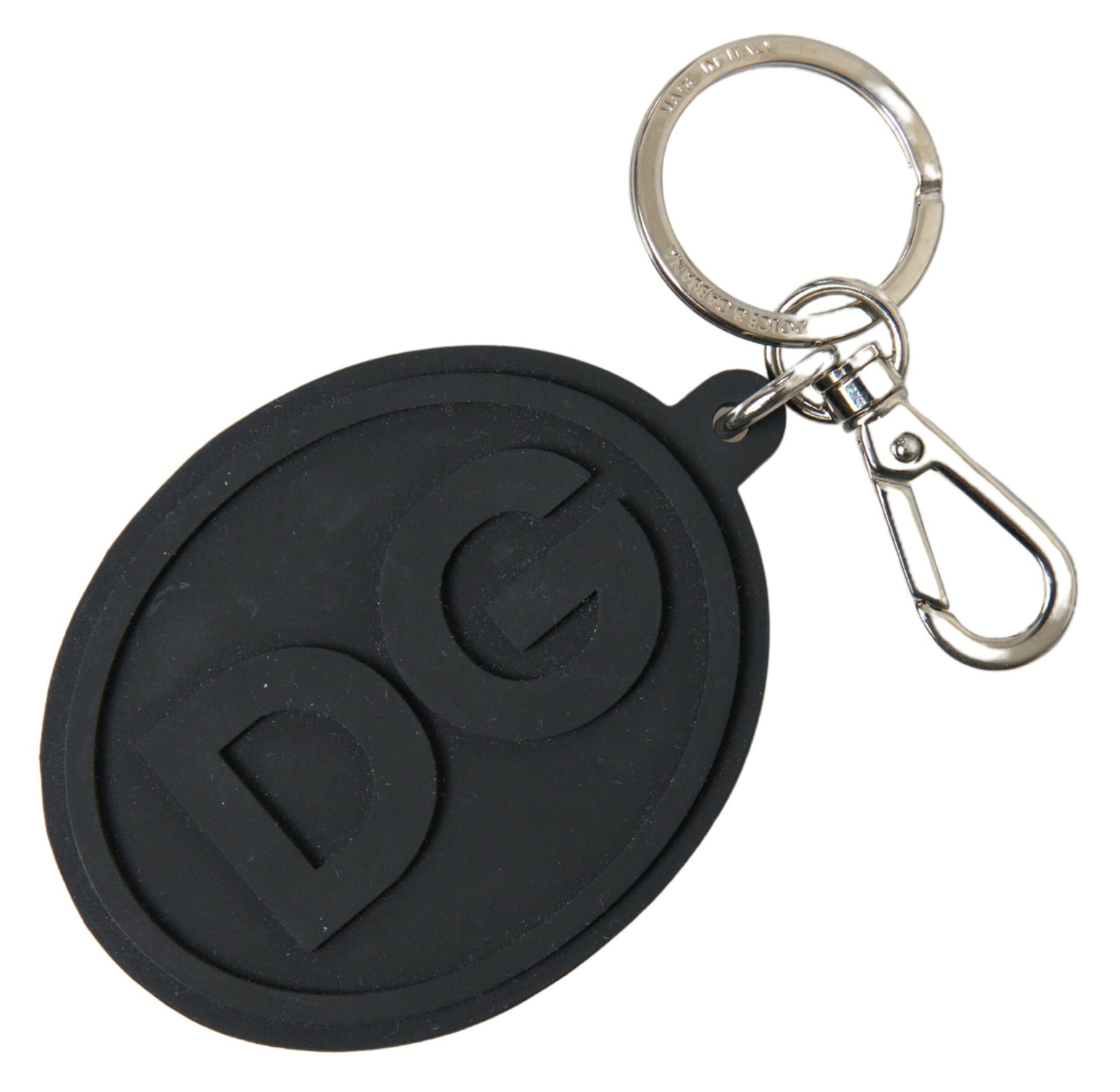 Dolce & Gabbana Black Rubber DG Logo Silver Brass Metal Keychain | Regal Royce