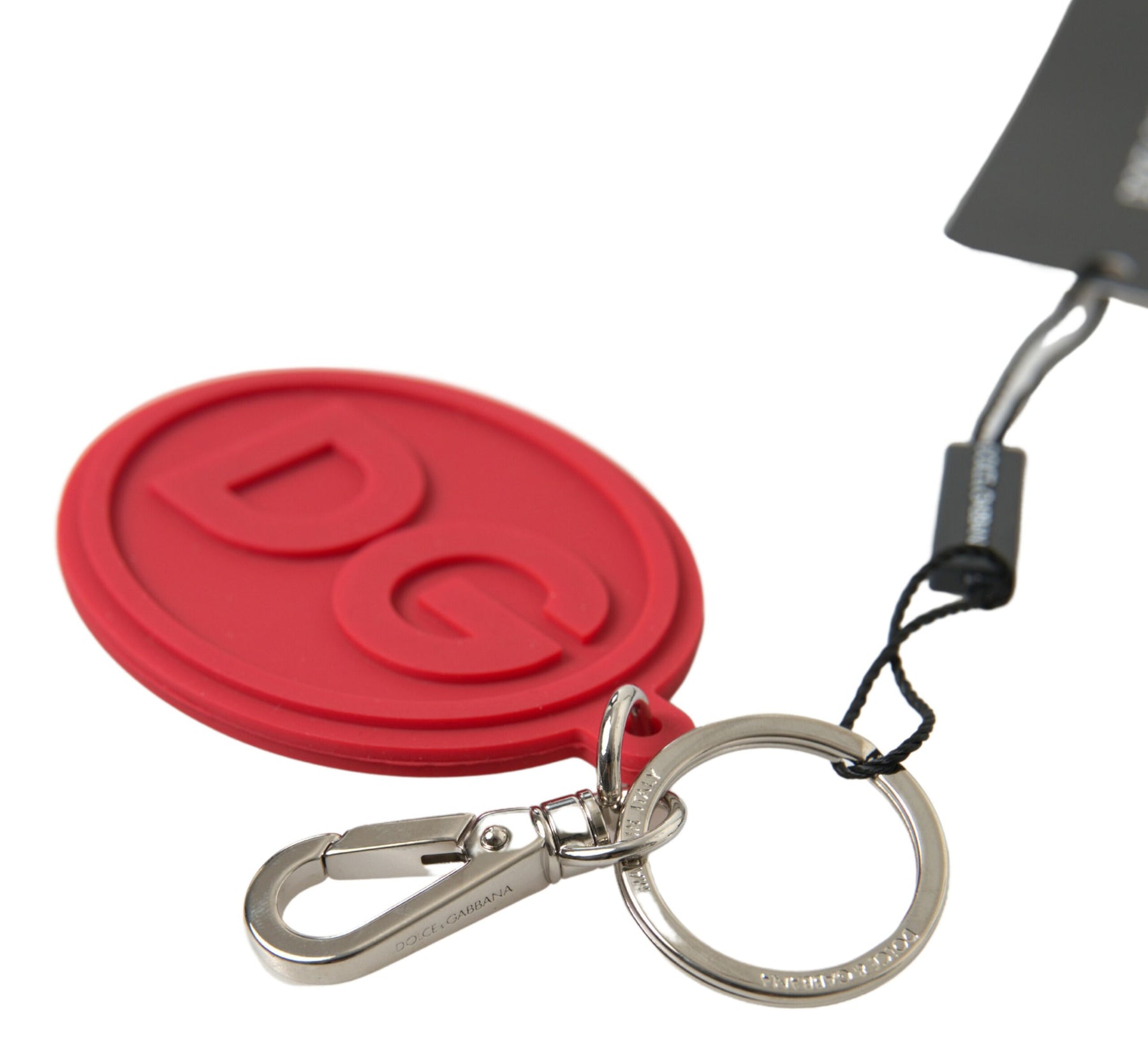 Dolce & Gabbana Red Rubber DG Logo Silver Brass Metal Keyring Keychain | Regal Royce