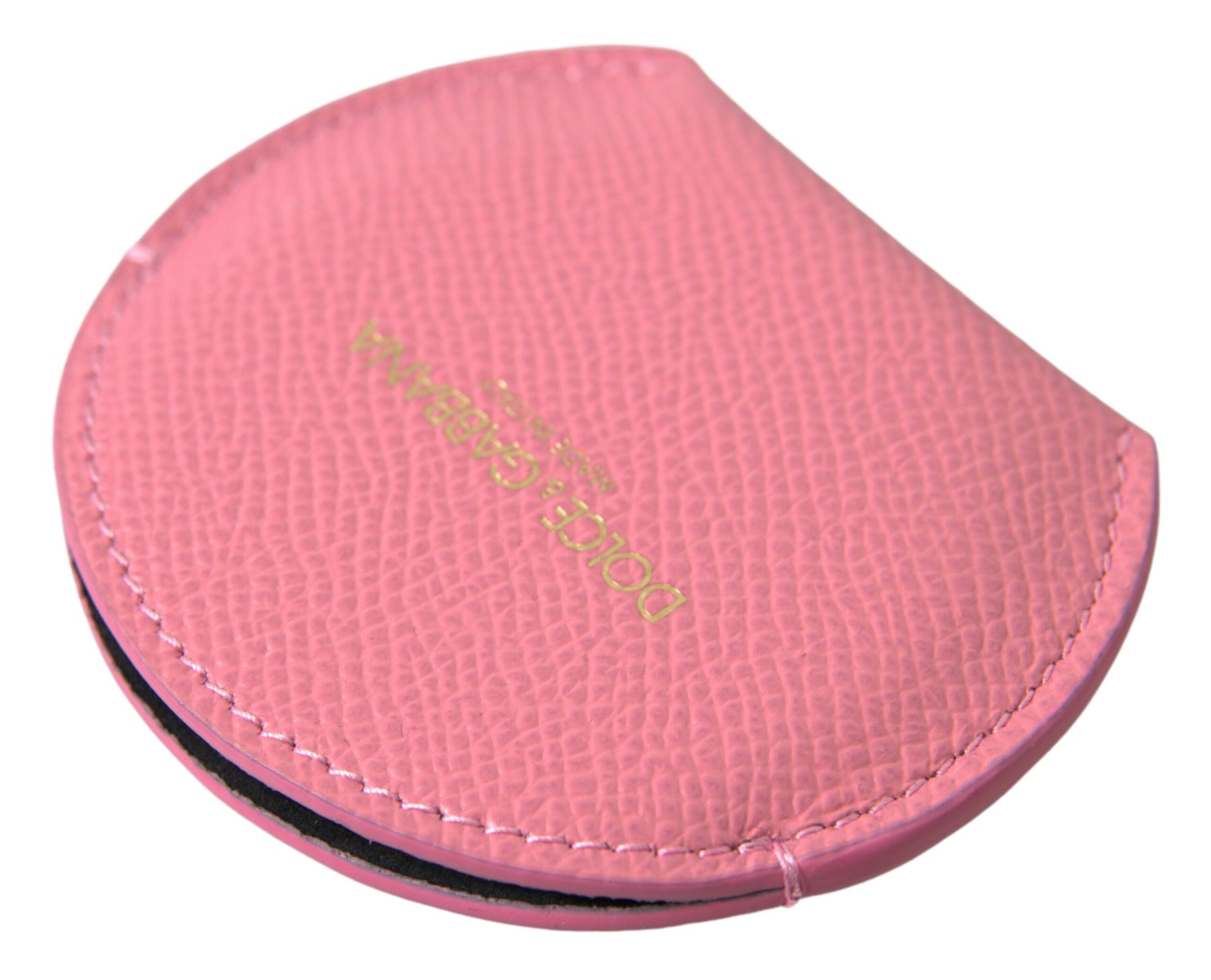 Dolce & Gabbana Pink Calfskin Leather Round Logo Print Hand Mirror Holder | Regal Royce
