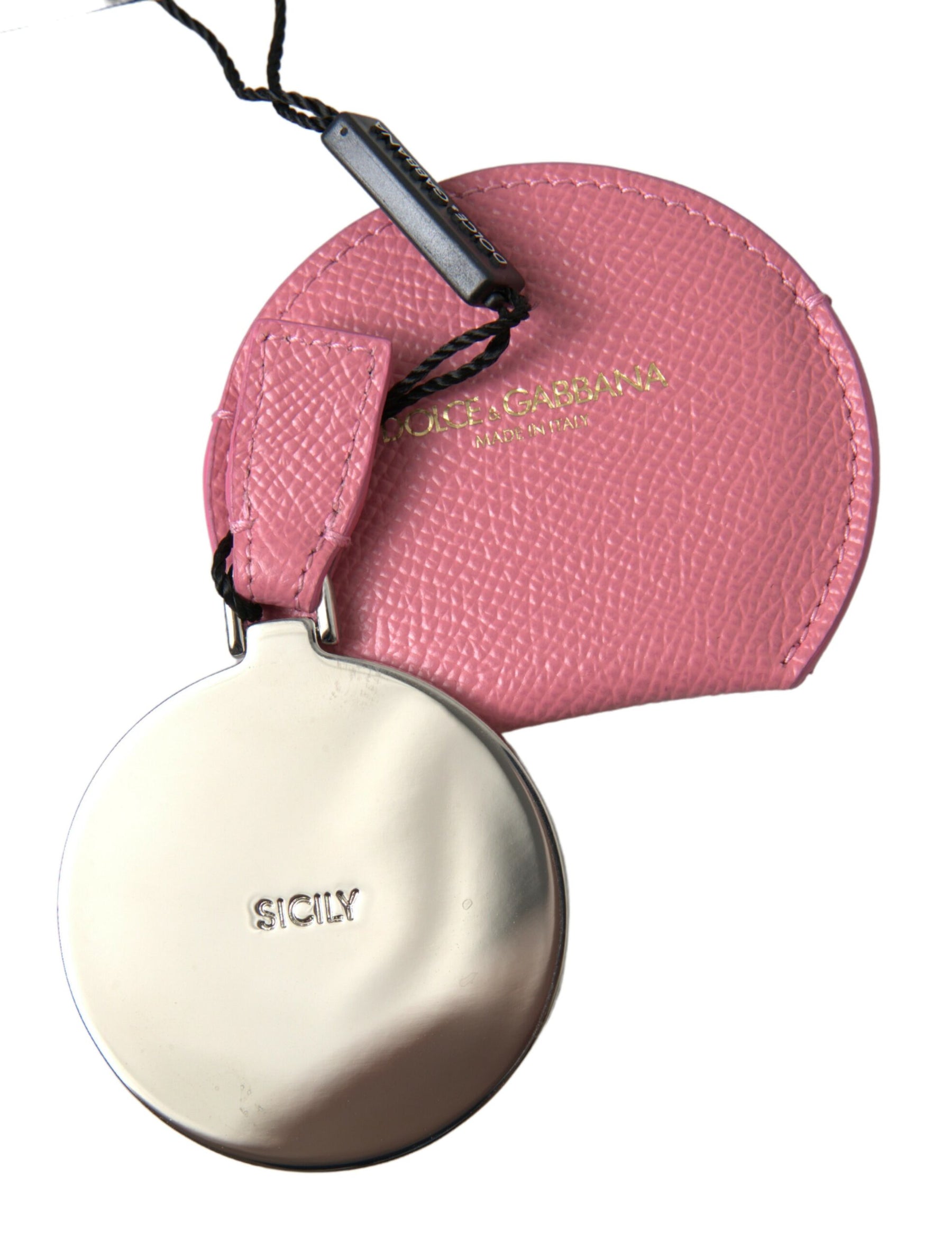 Dolce & Gabbana Pink Calfskin Leather Round Logo Print Hand Mirror Holder | Regal Royce