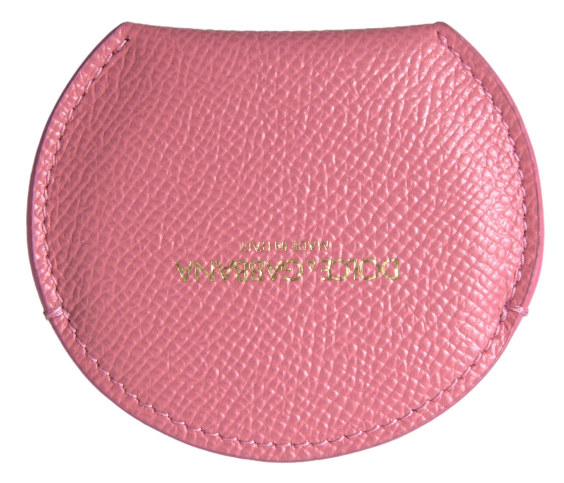Dolce & Gabbana Pink Calfskin Leather Round Logo Print Hand Mirror Holder | Regal Royce