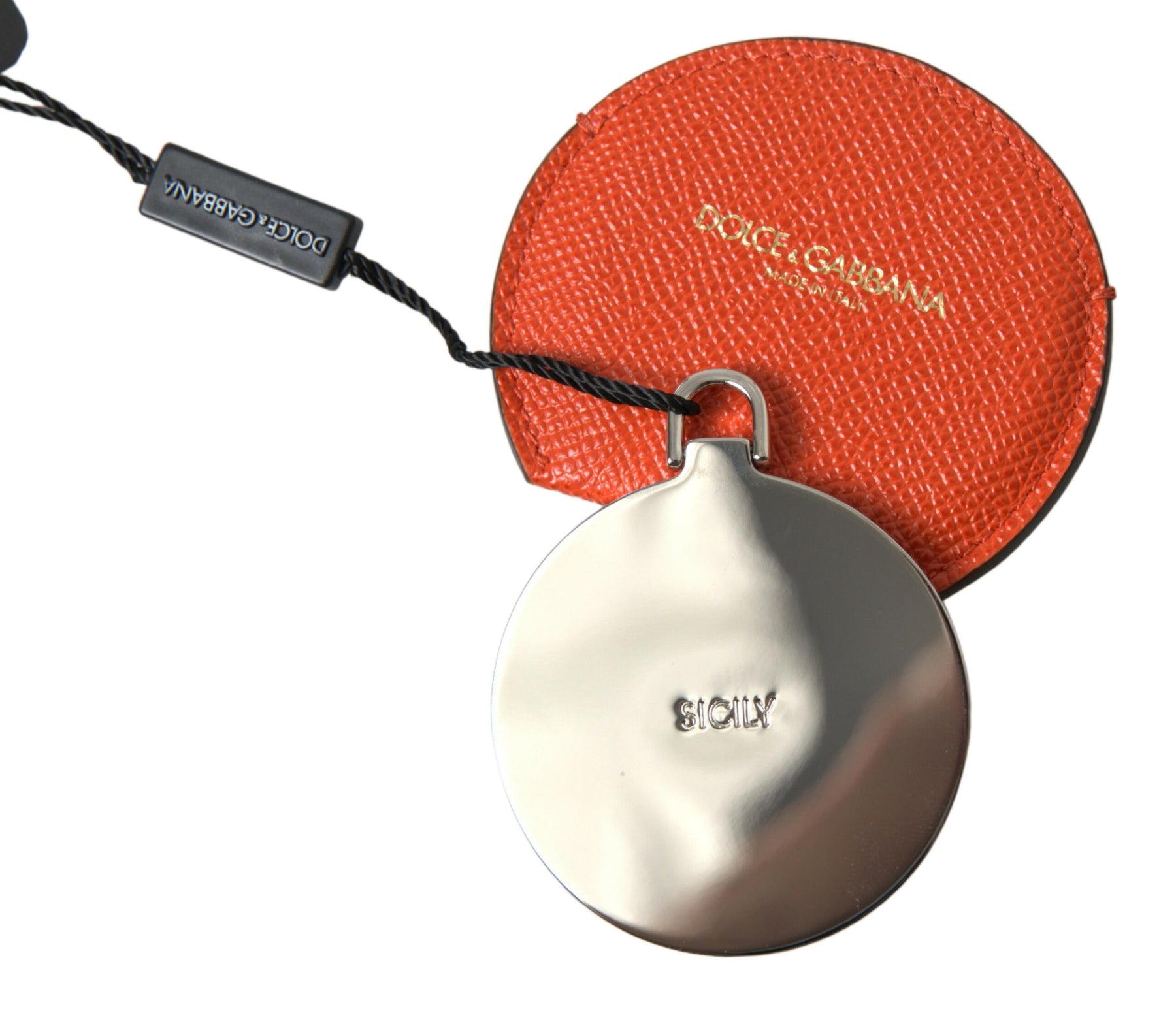 Dolce & Gabbana Orange Calfskin Leather Round Logo Hand Mirror Holder | Regal Royce