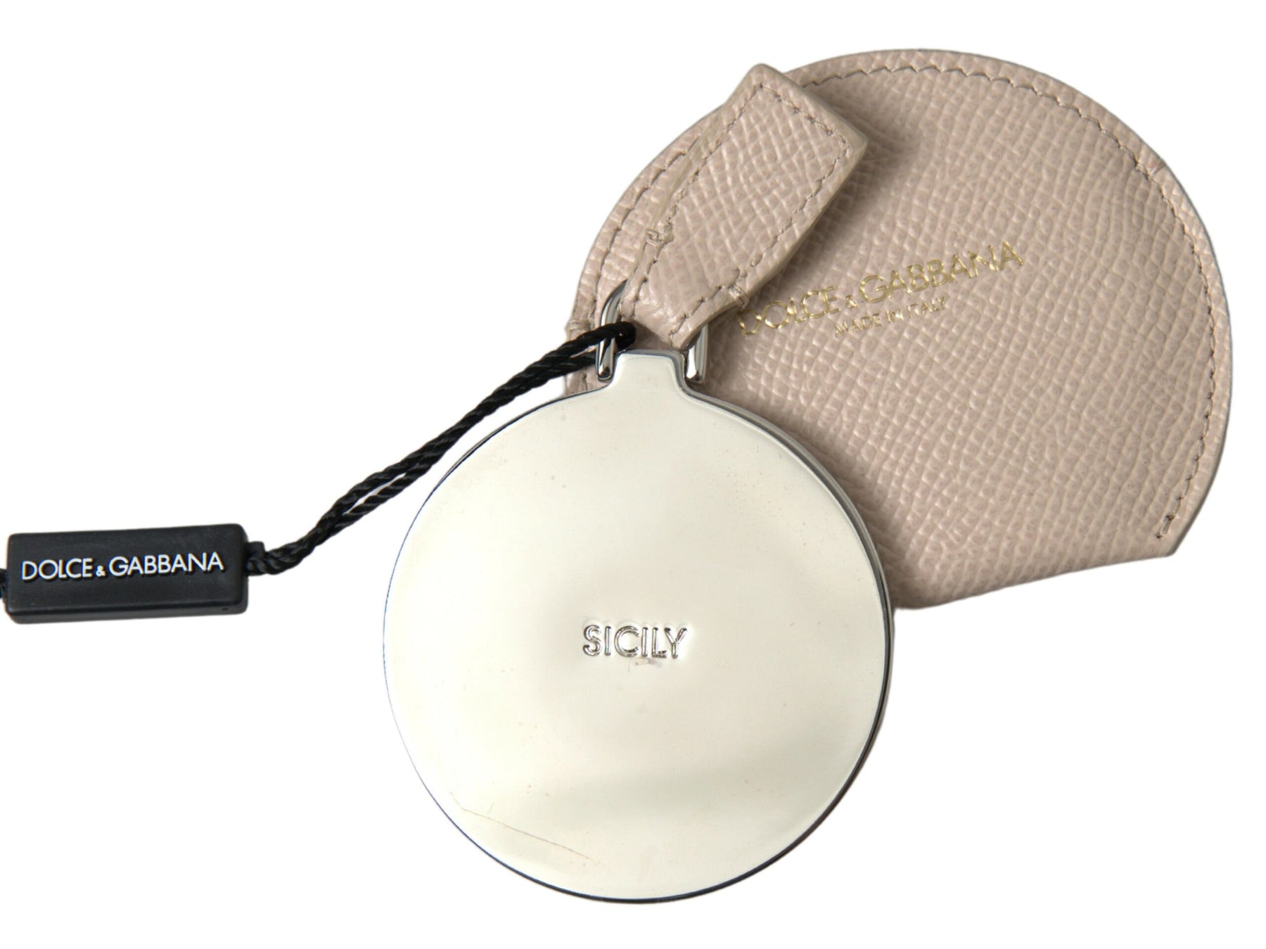 Dolce & Gabbana Beige Calfskin Leather Round Logo Hand Mirror Holder | Regal Royce
