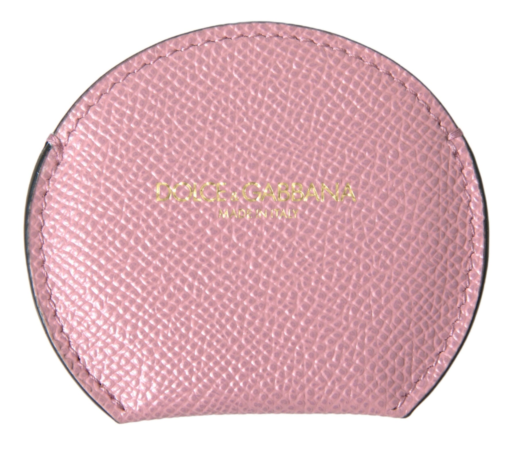 Dolce & Gabbana Pink Calfskin Leather Round Logo Print Hand Mirror Holder | Regal Royce