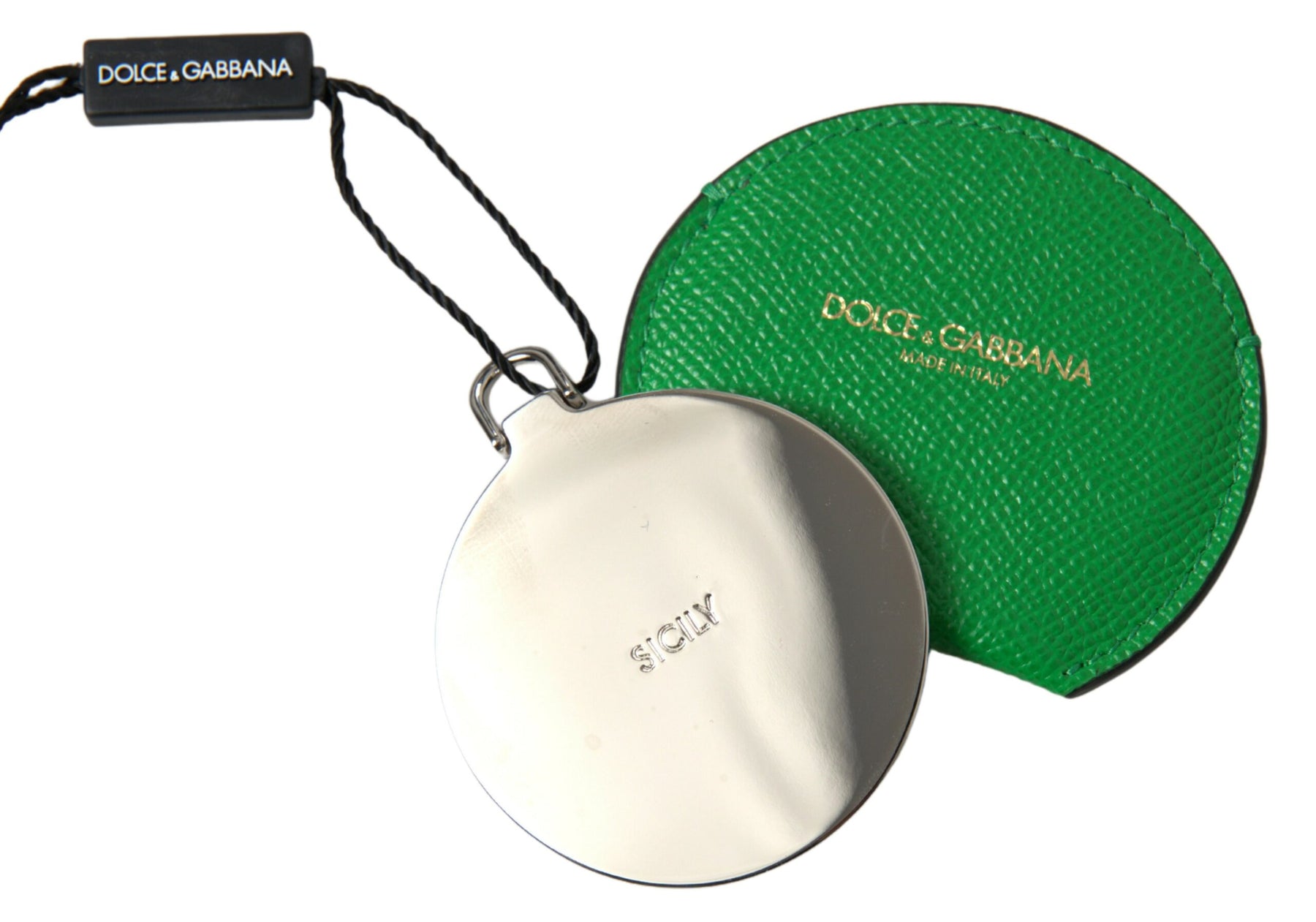 Dolce & Gabbana Green Calfskin Leather Round Logo Hand Mirror Holder | Regal Royce