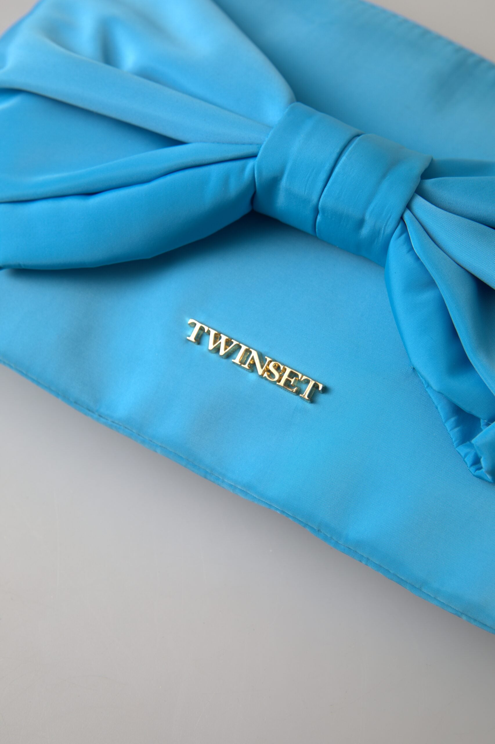 Twinset Blue Tafta Silk Large Bow Zipper Clutch Women Borse Logo Bag | Regal Royce