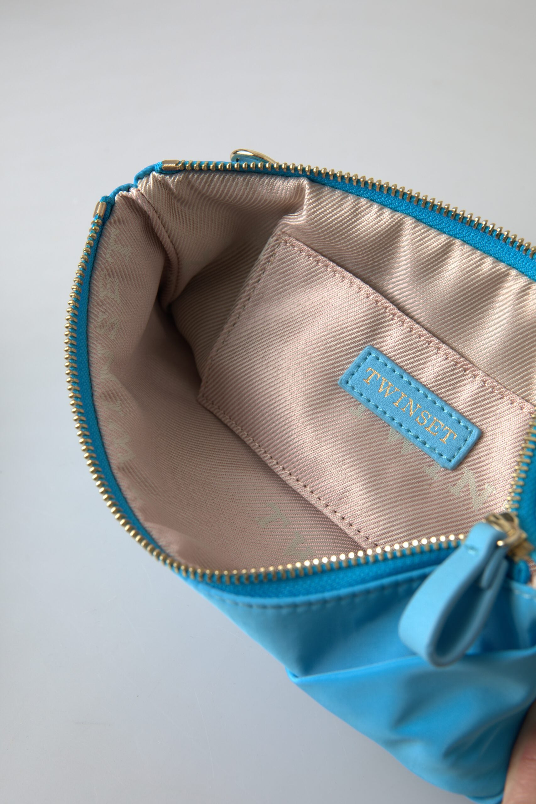 Twinset Blue Tafta Silk Large Bow Zipper Clutch Women Borse Logo Bag | Regal Royce