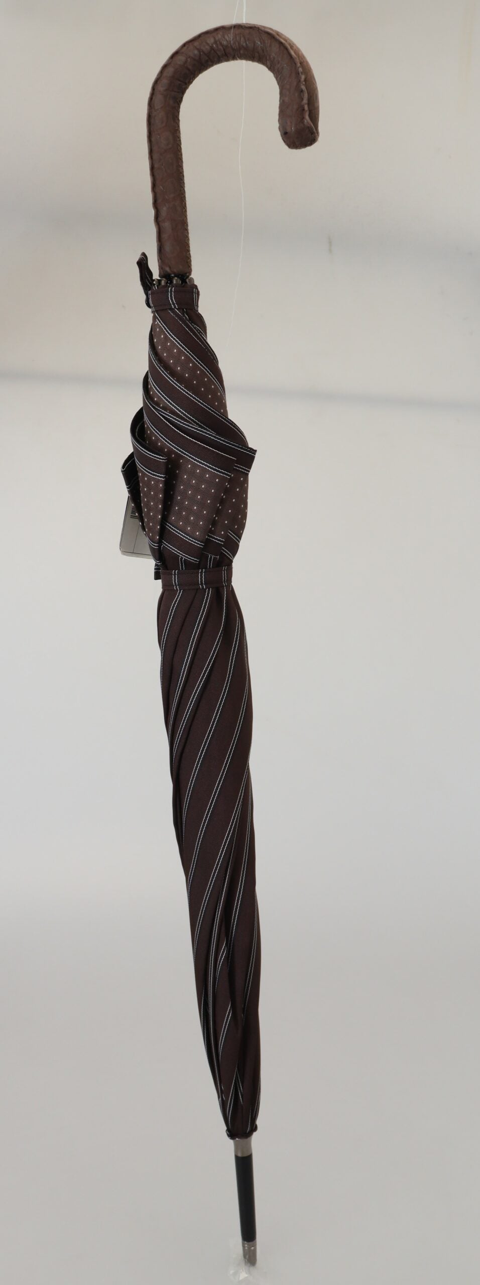 Dolce & Gabbana Brown Striped Leather Handle Collapsible Sartoria Umbrella | Regal Royce