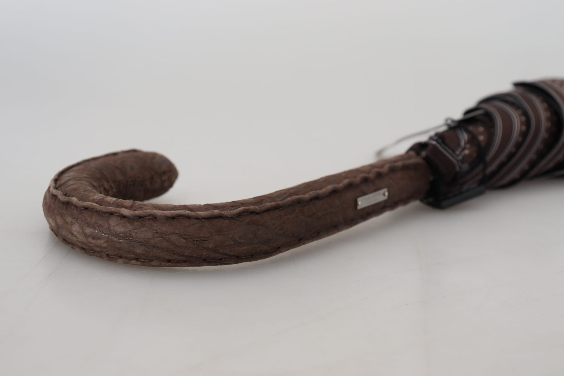 Dolce & Gabbana Brown Striped Leather Handle Collapsible Sartoria Umbrella | Regal Royce