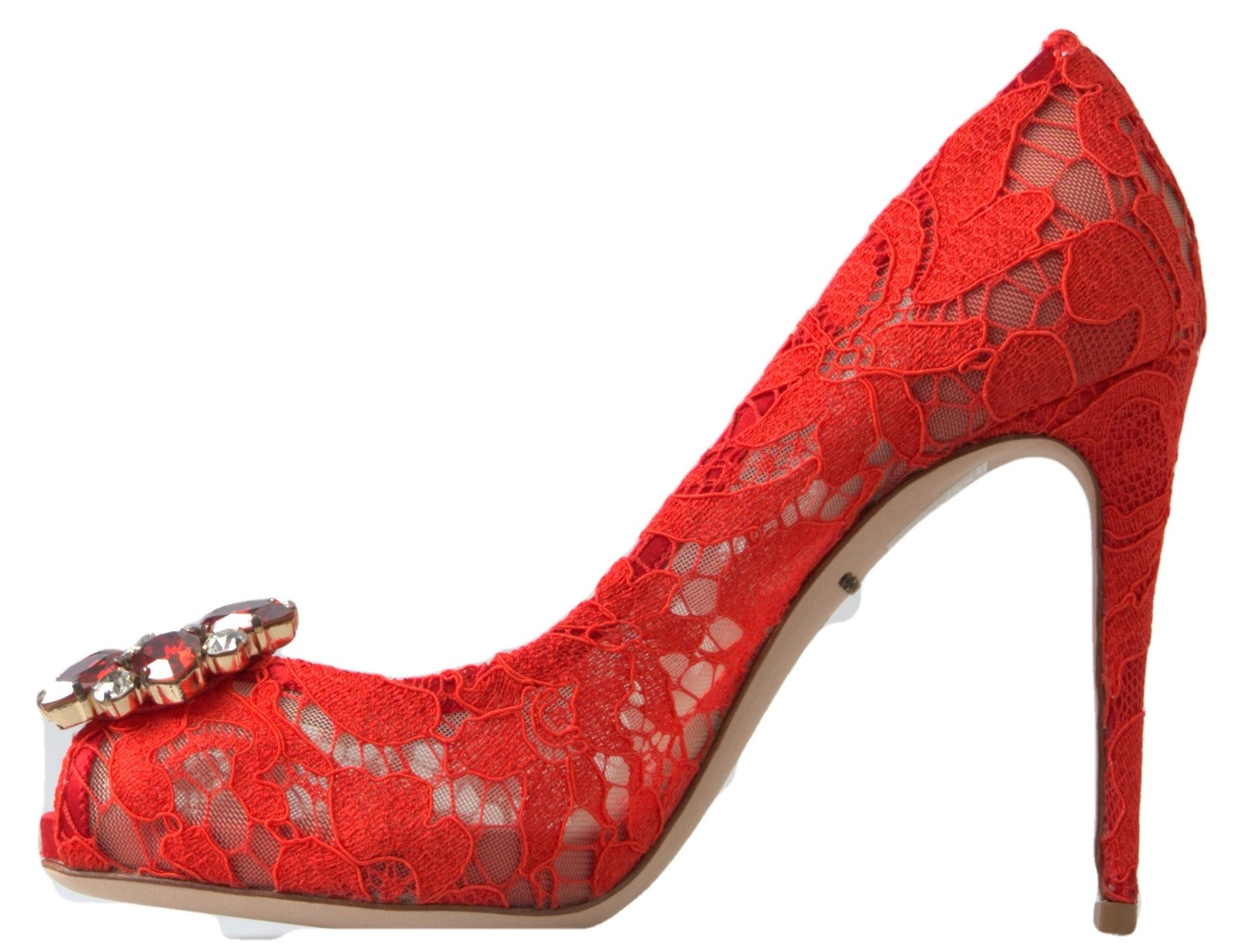 Dolce & Gabbana Red Taormina Lace Crystal Heels Pumps Shoes | Regal Royce