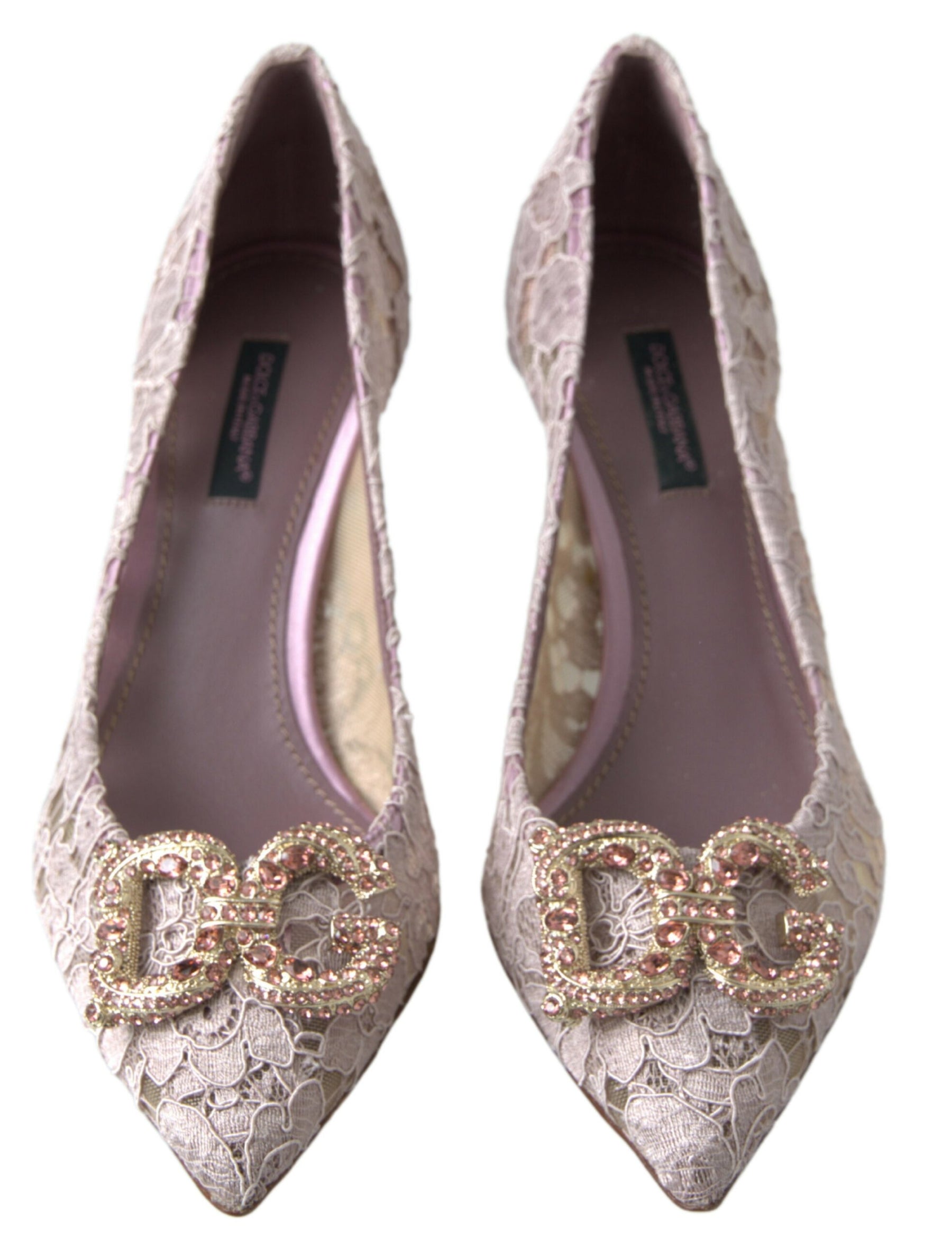 Dolce & Gabbana Pink Floral Lace DG Crystal Pumps Shoes | Regal Royce