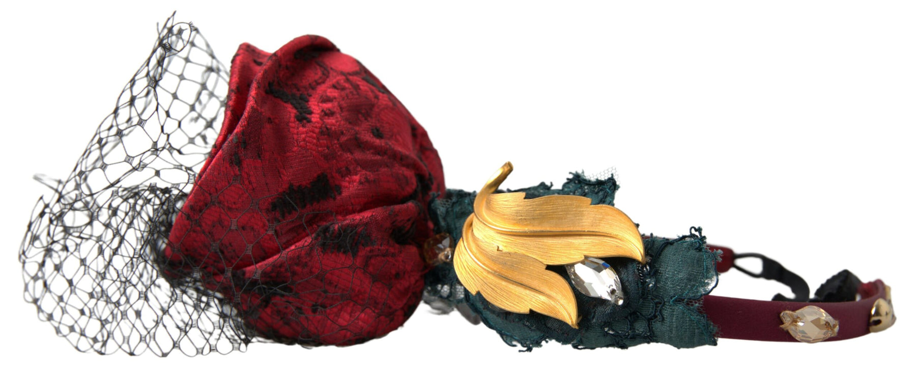 Dolce & Gabbana Red with multicolor Rose Silk Crystal Netted Logo Diadem Headband | Regal Royce