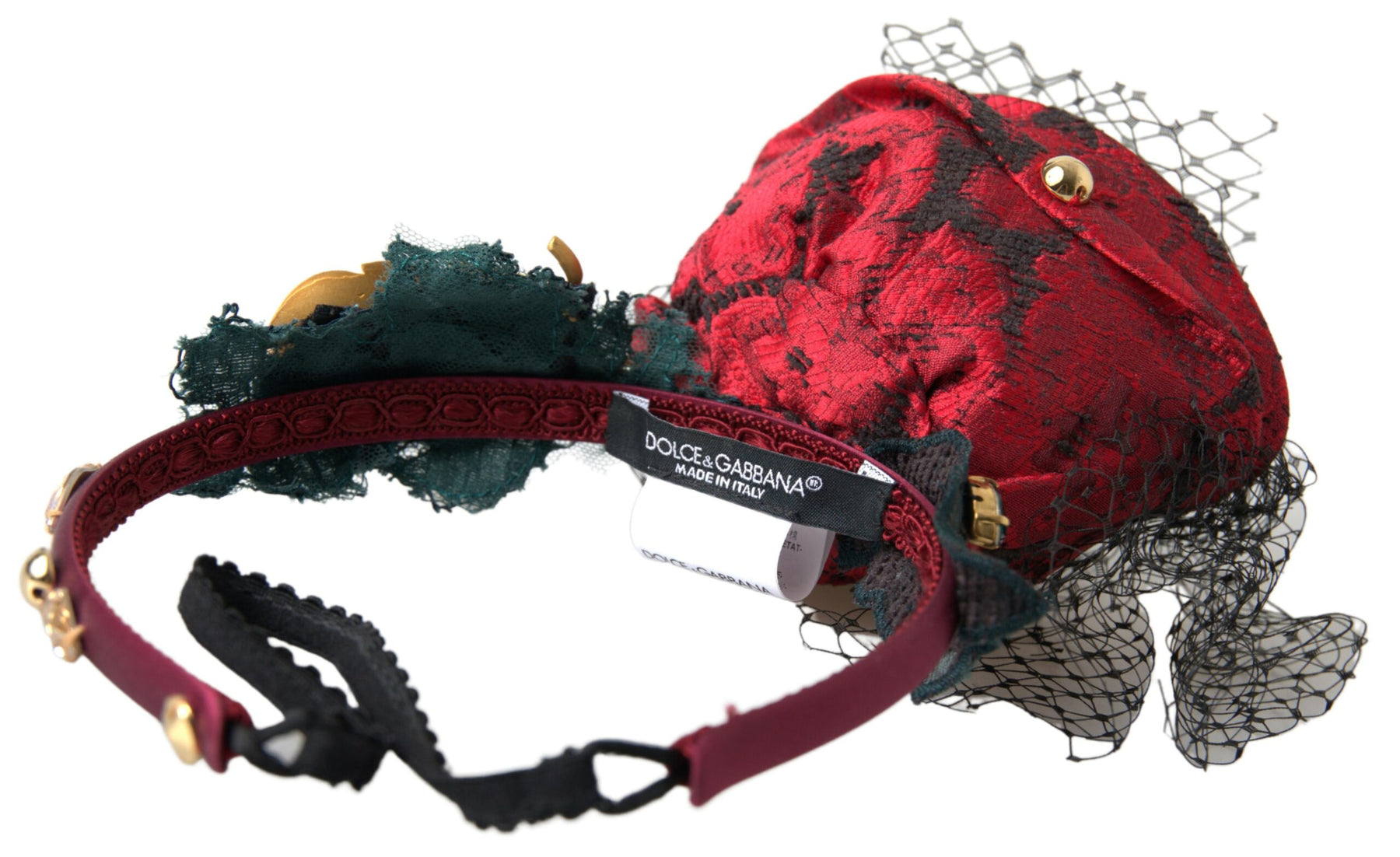 Dolce & Gabbana Red with multicolor Rose Silk Crystal Netted Logo Diadem Headband | Regal Royce
