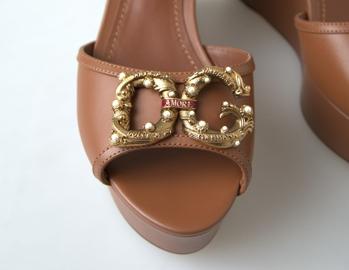 Dolce & Gabbana Brown Leather AMORE Wedges Sandals Shoes | Regal Royce