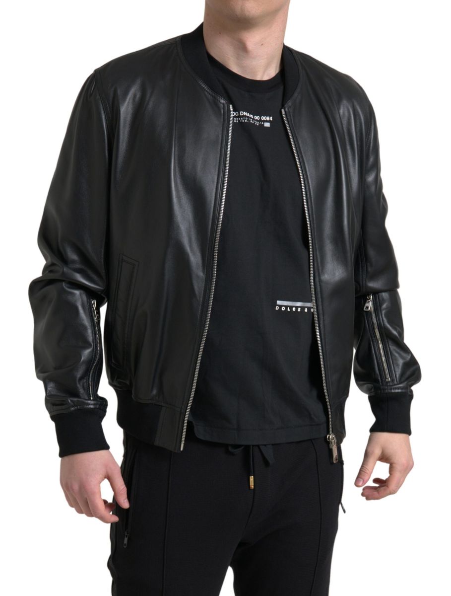 Dolce & Gabbana Black Leather Full Zip Bomber Men Jacket | Regal Royce