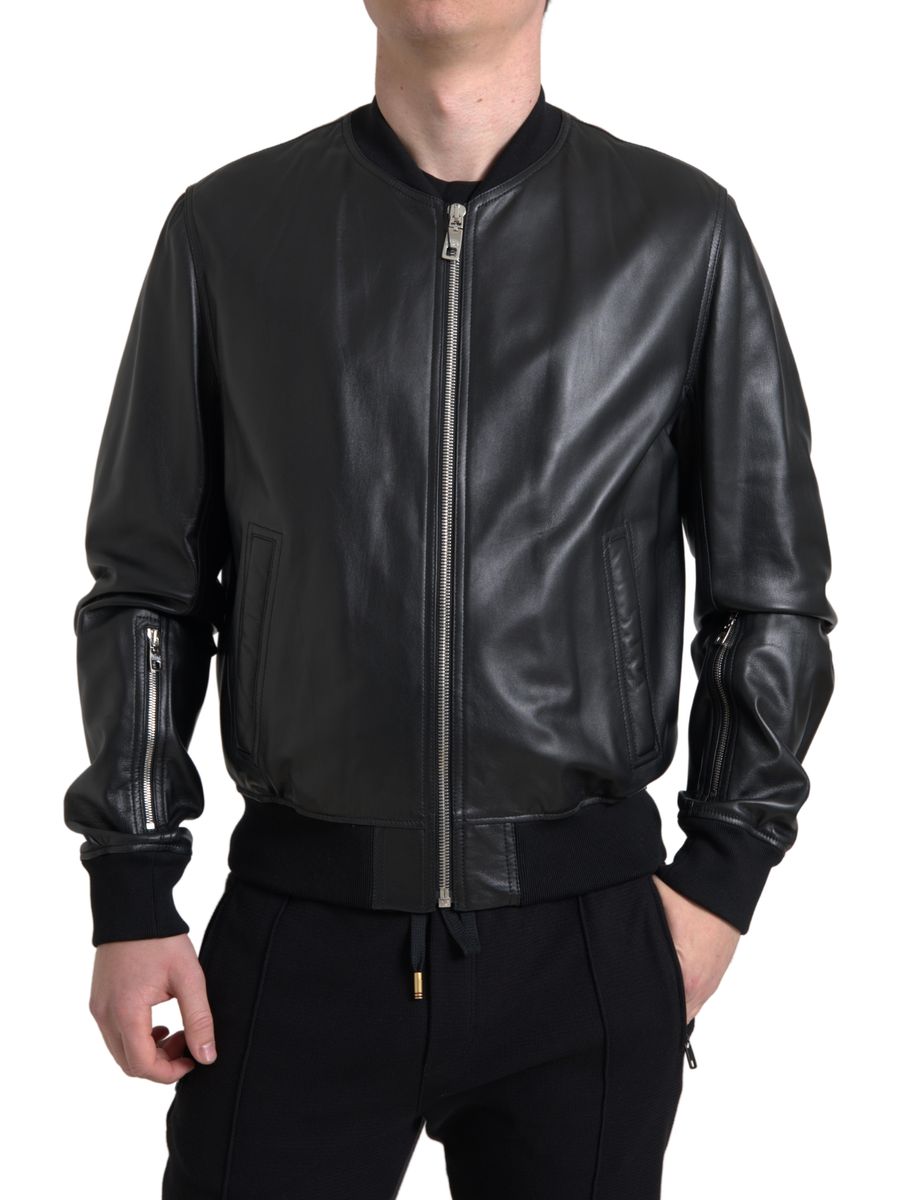 Dolce & Gabbana Black Leather Full Zip Bomber Men Jacket | Regal Royce