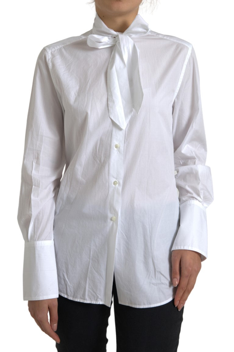 Dolce & Gabbana White Cotton Ascot Collar Long Sleeves Top | Regal Royce