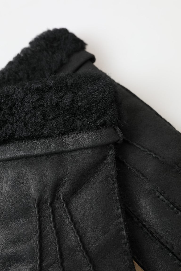 Dolce & Gabbana Black Leather Fur Short Hands Mitten Men Gloves | Regal Royce