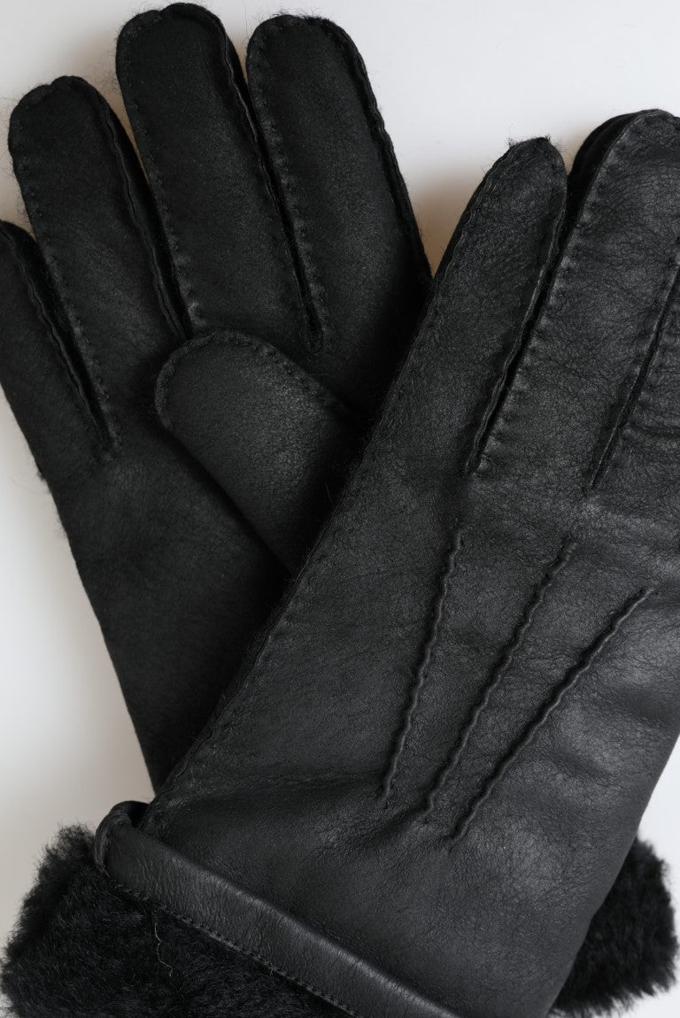 Dolce & Gabbana Black Leather Fur Short Hands Mitten Men Gloves | Regal Royce