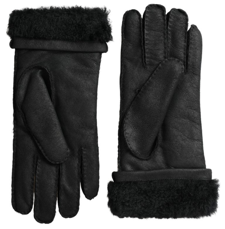 Dolce & Gabbana Black Leather Fur Short Hands Mitten Men Gloves | Regal Royce