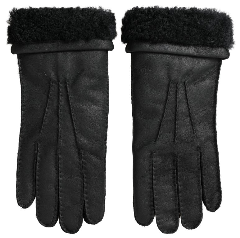 Dolce & Gabbana Black Leather Fur Short Hands Mitten Men Gloves | Regal Royce
