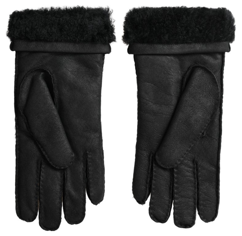 Dolce & Gabbana Black Leather Fur Short Hands Mitten Men Gloves | Regal Royce