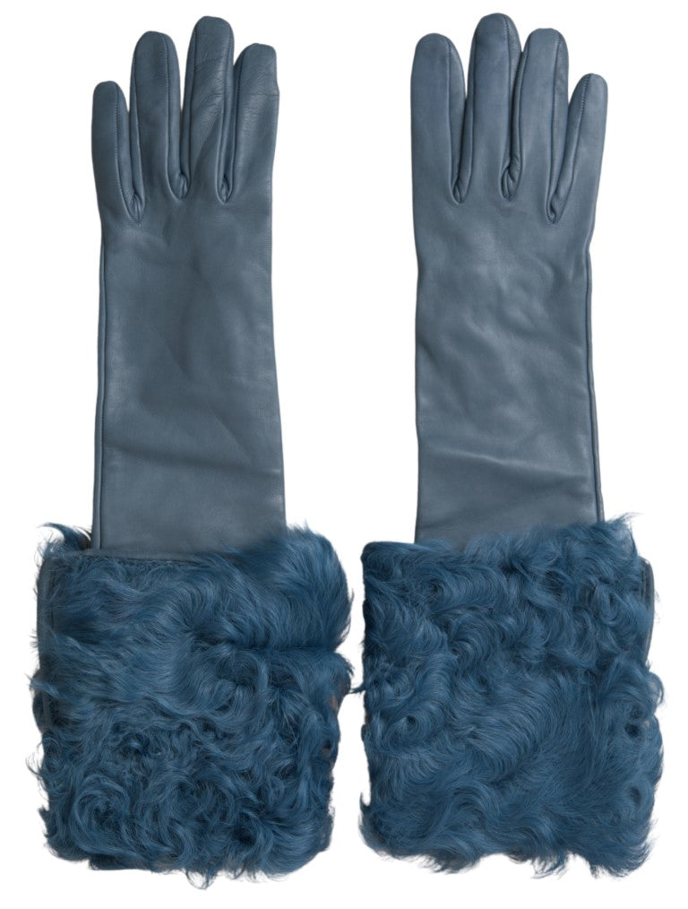 Dolce & Gabbana Blue Leather Fur Mid Arm Length Gloves | Regal Royce