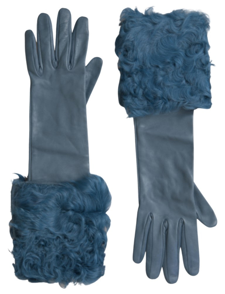 Dolce & Gabbana Blue Leather Fur Mid Arm Length Gloves | Regal Royce