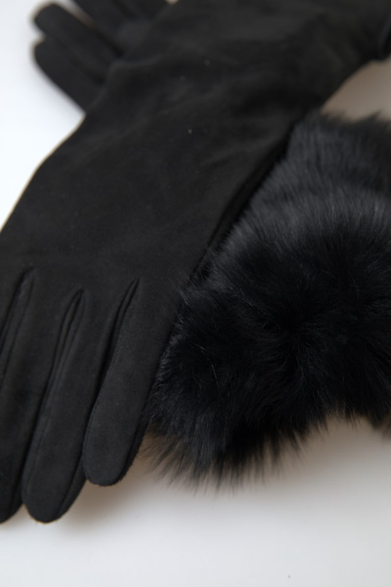 Dolce & Gabbana Black Leather Fur Elbow Length Gloves | Regal Royce