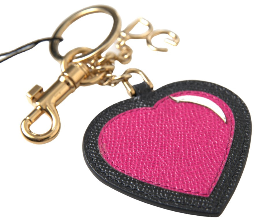 Dolce & Gabbana Black Fuchsia Heart Leather Gold Metal Keyring Keychain | Regal Royce