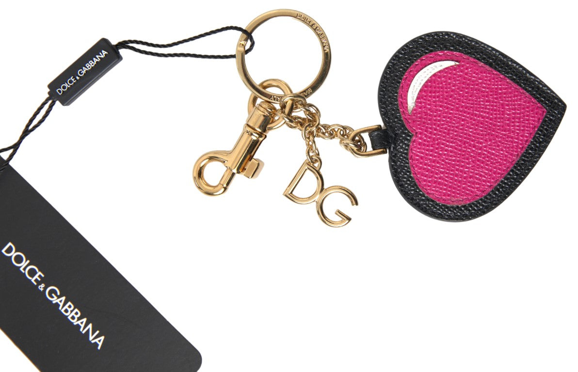 Dolce & Gabbana Black Fuchsia Heart Leather Gold Metal Keyring Keychain | Regal Royce