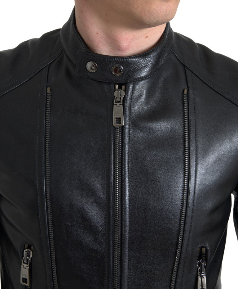 Dolce & Gabbana Black Leather Zipper Coat Men Jacket | Regal Royce