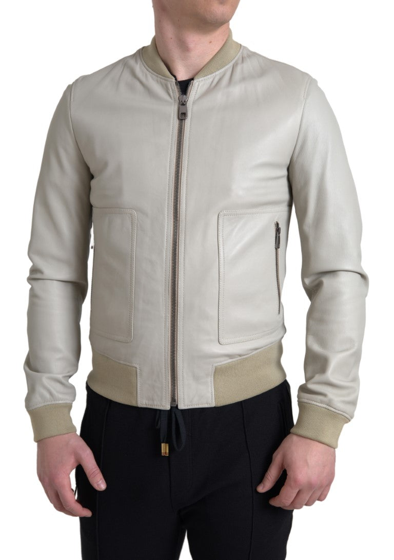 Dolce & Gabbana Cream Leather Bomber Blouson Full Zip Jacket | Regal Royce
