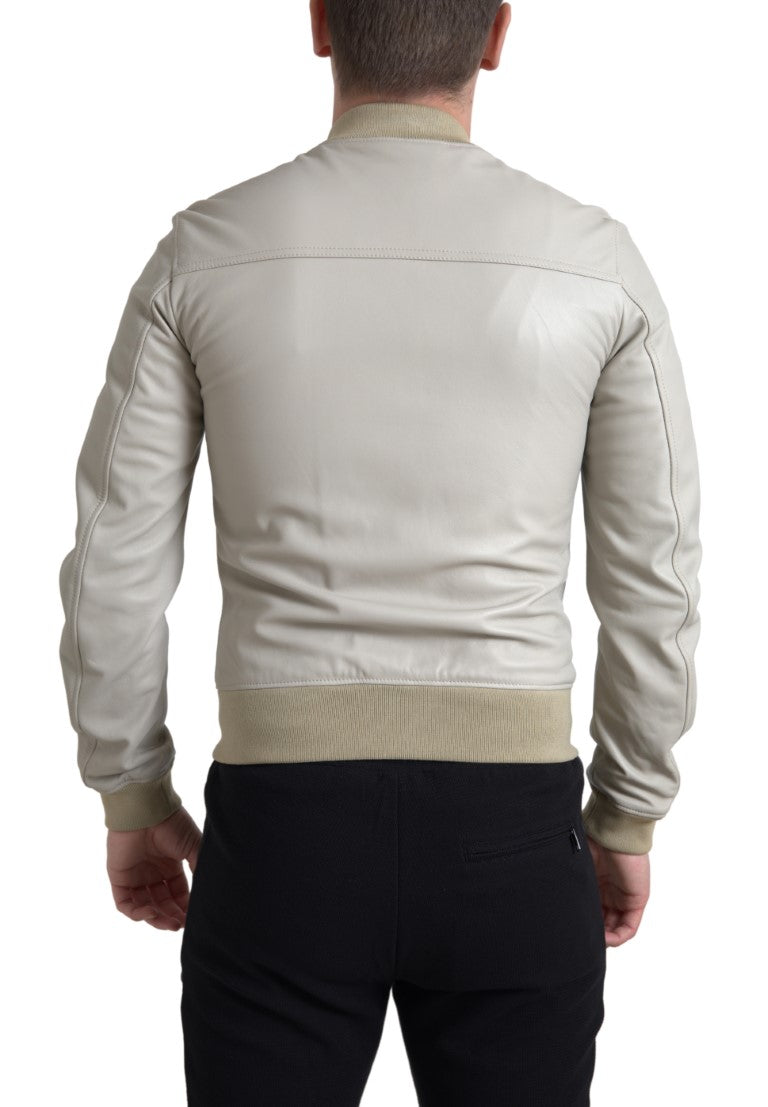 Dolce & Gabbana Cream Leather Bomber Blouson Full Zip Jacket | Regal Royce