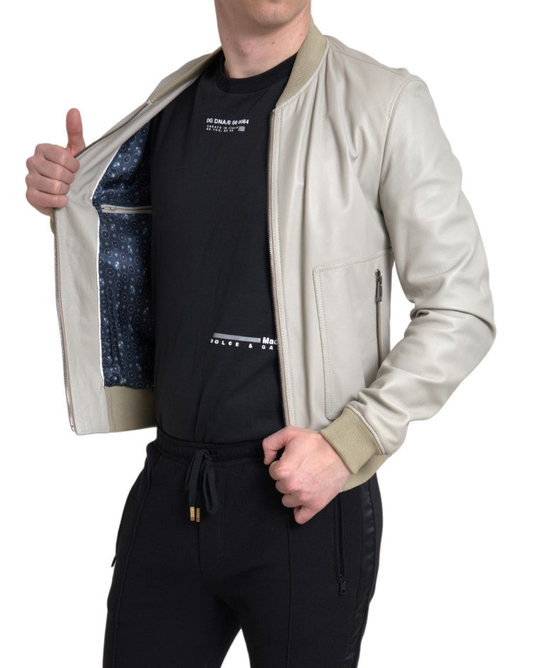 Dolce & Gabbana Cream Leather Bomber Blouson Full Zip Jacket | Regal Royce