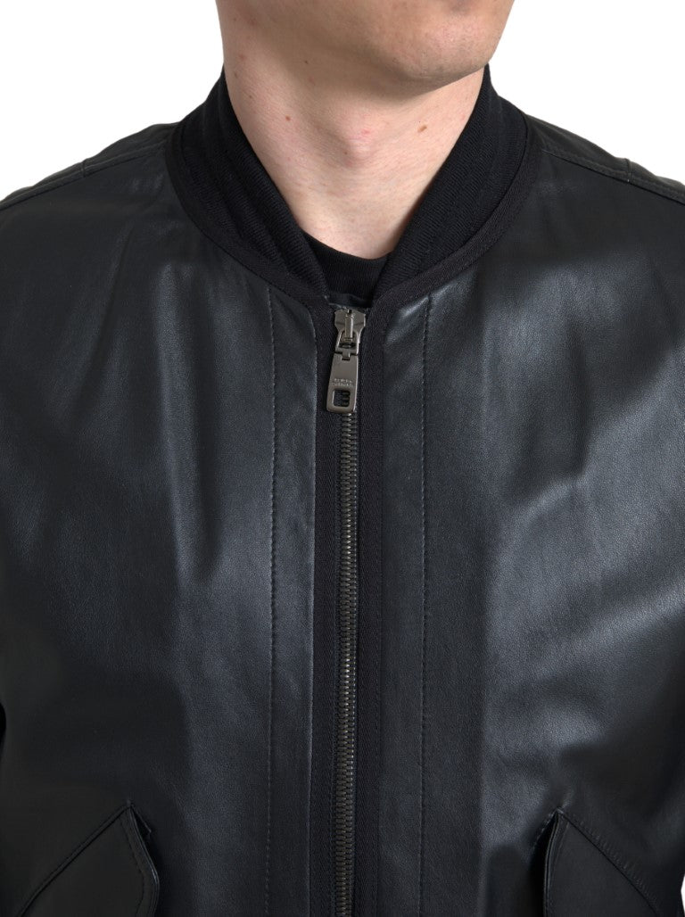 Dolce & Gabbana Black Leather Blouson Full Zip Bomber Jacket | Regal Royce