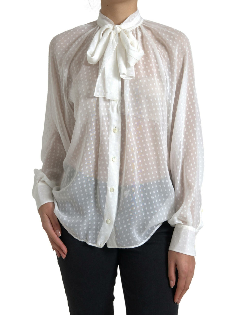Dolce & Gabbana White Silk Sheer Tied Neck Polka Dots Blouse