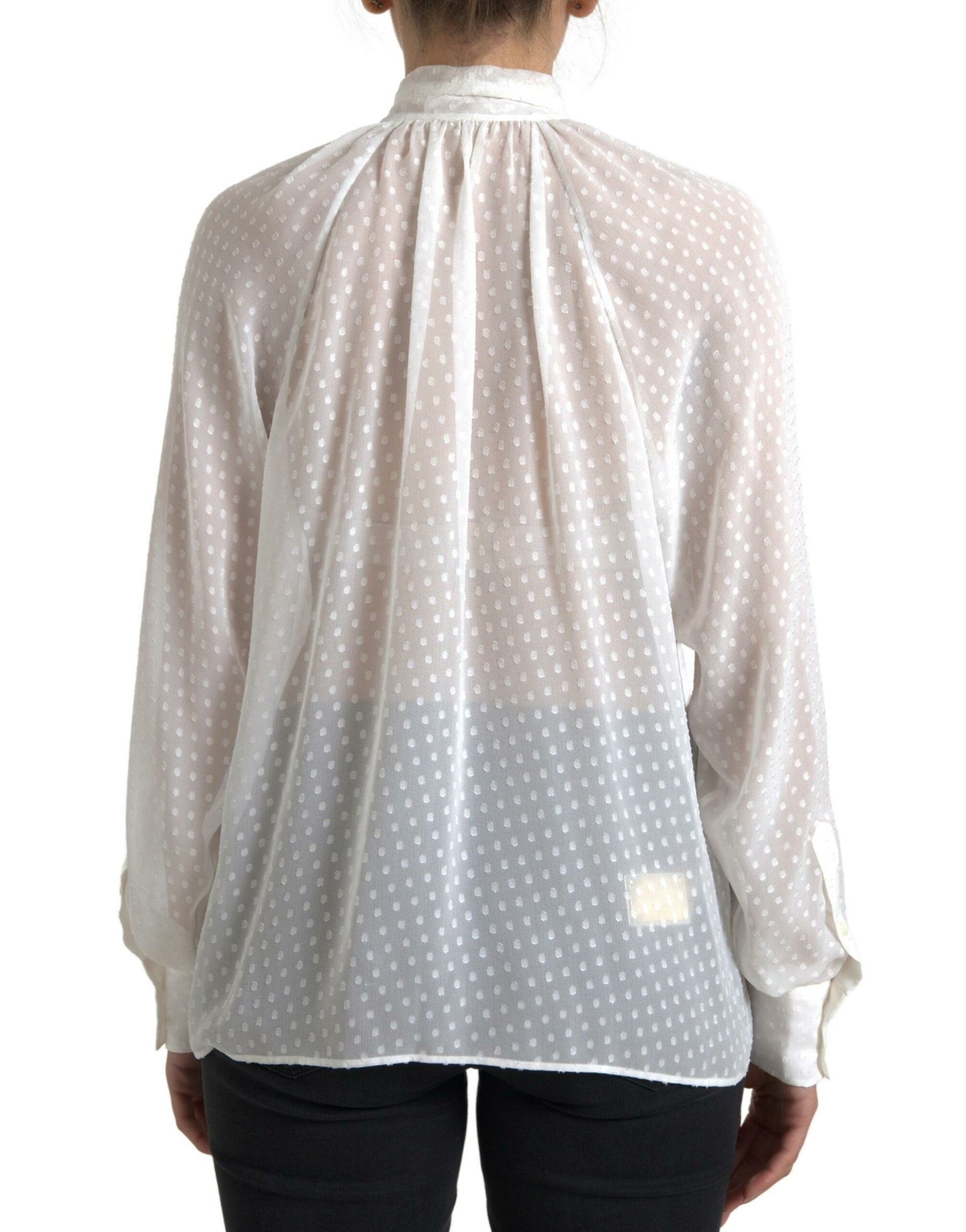 Dolce & Gabbana White Silk Sheer Tied Neck Polka Dots Blouse | Regal Royce