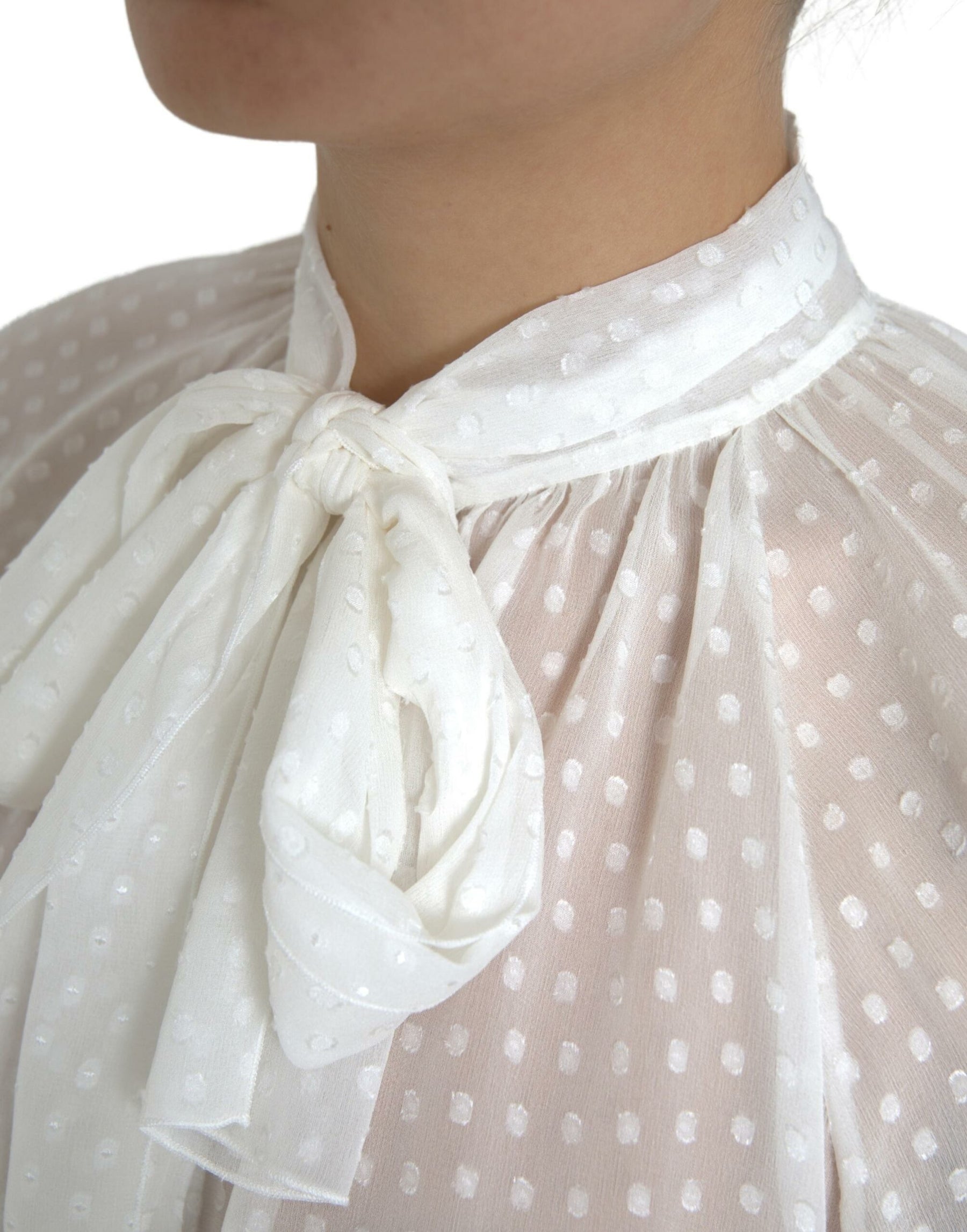 Dolce & Gabbana White Silk Sheer Tied Neck Polka Dots Blouse | Regal Royce