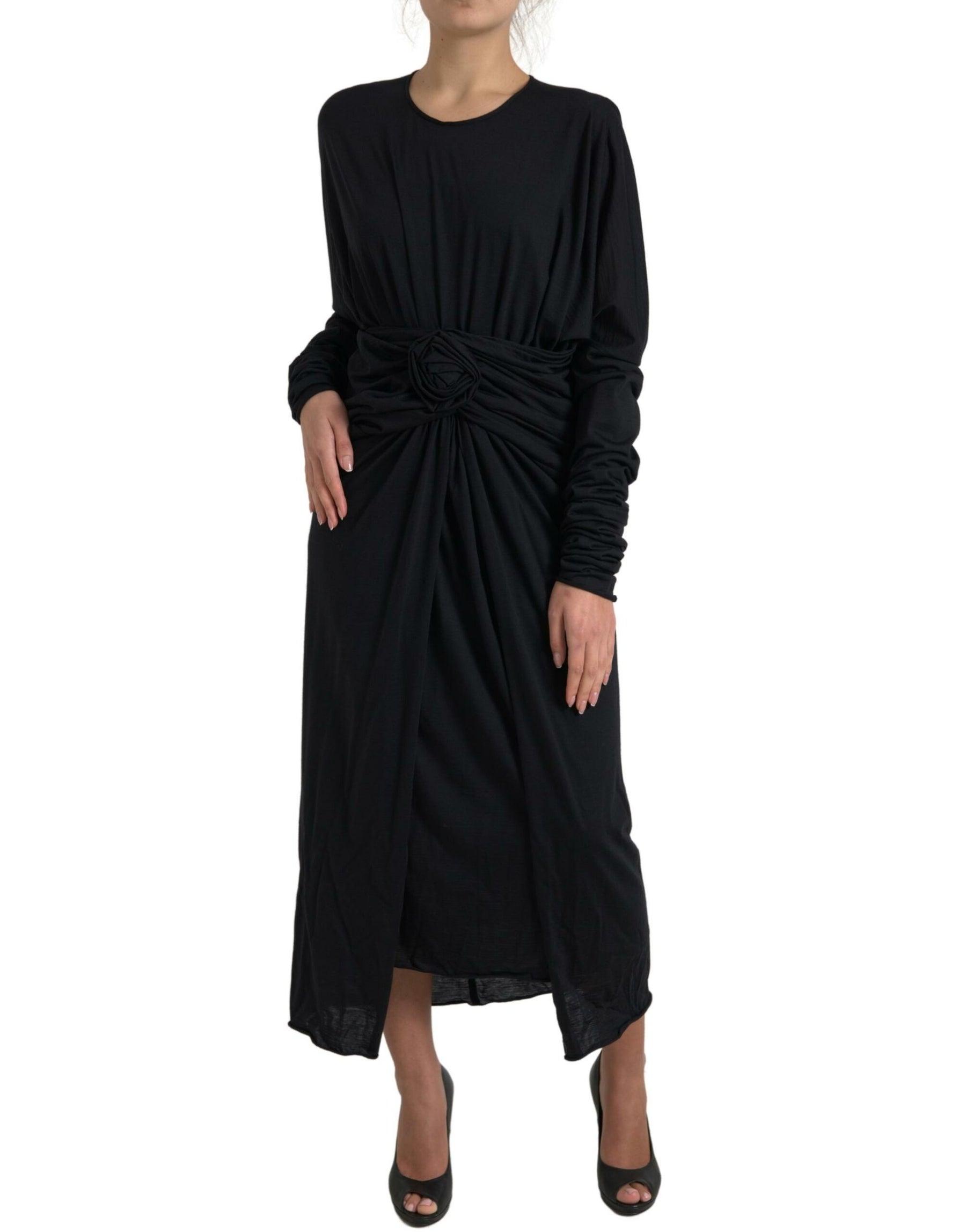 Dolce & Gabbana Black Wool Wrap Sheath Midi Gown Dress | Regal Royce