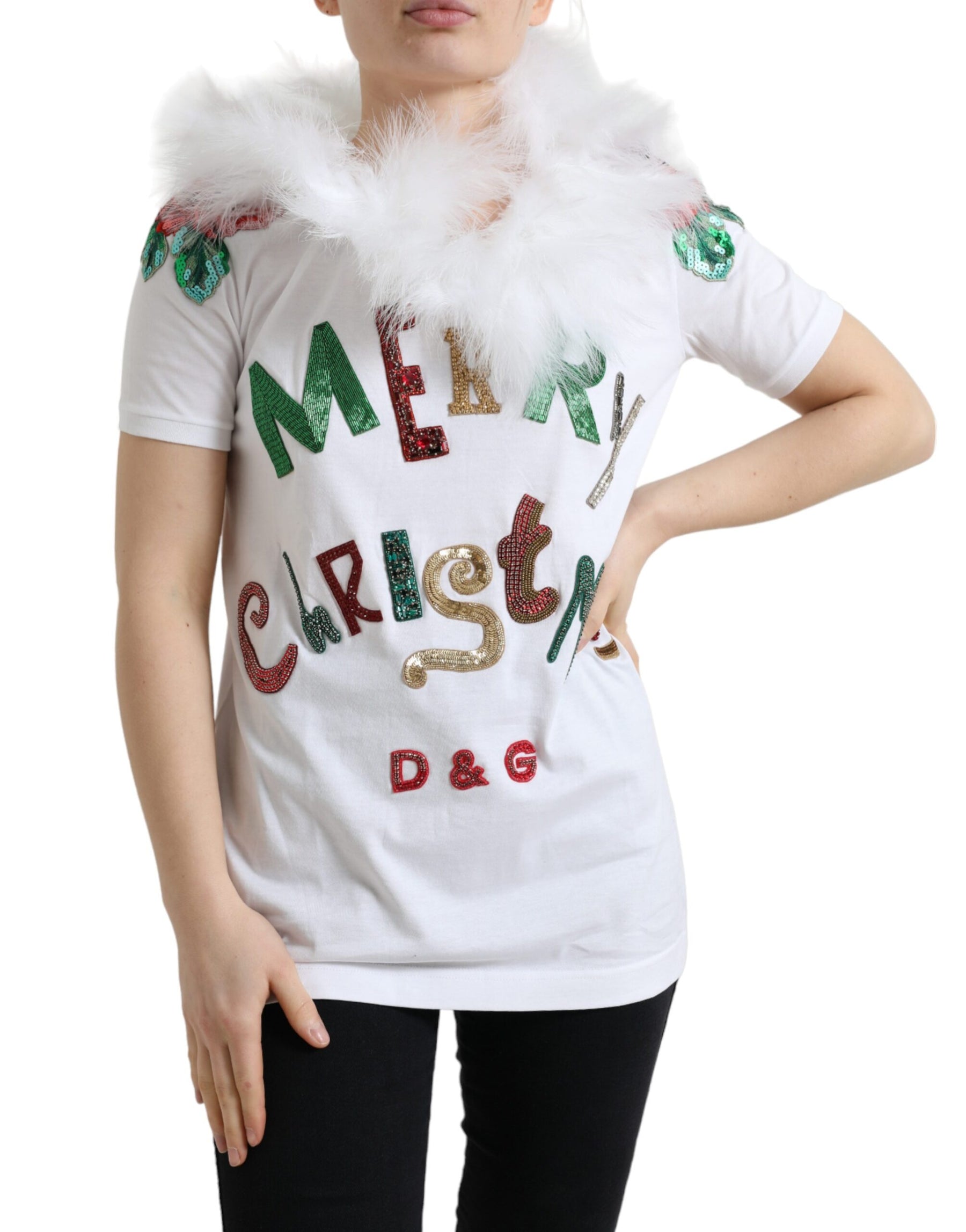 Dolce & Gabbana White Cotton Christmas Sequin Fur T-shirt | Regal Royce